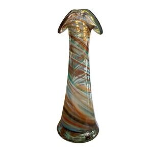 Vintage Art Glass Green & Orange Swirl‎ Bud Vase w/ Ruffled Top, 6"H